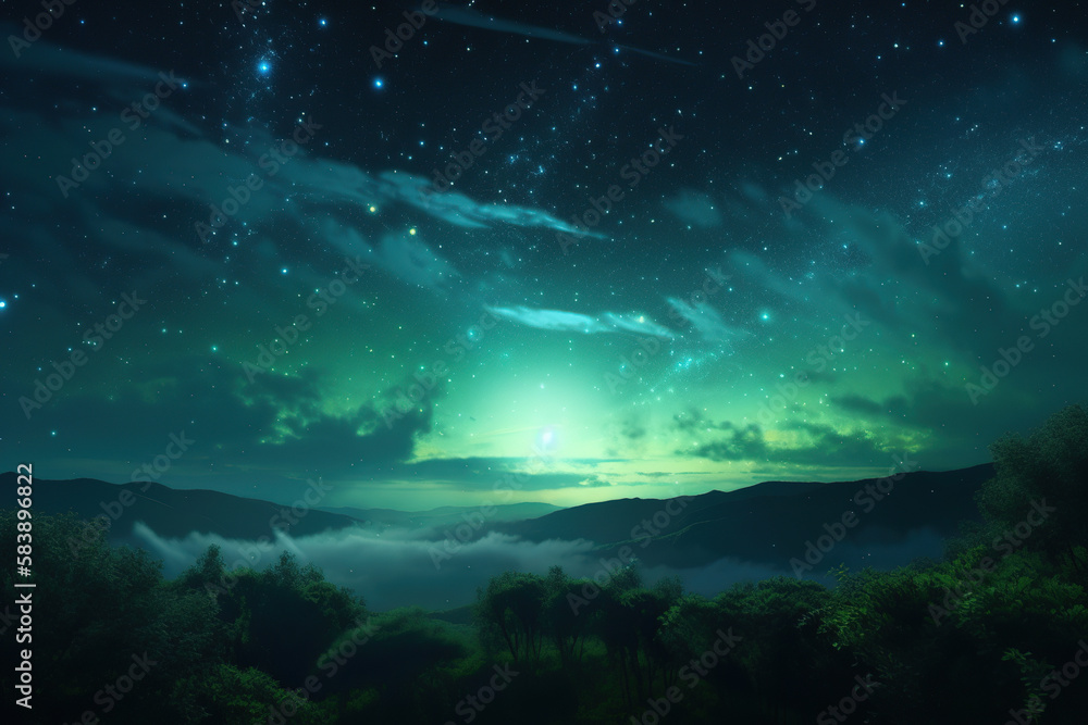 night landscape with green sky Generative AI