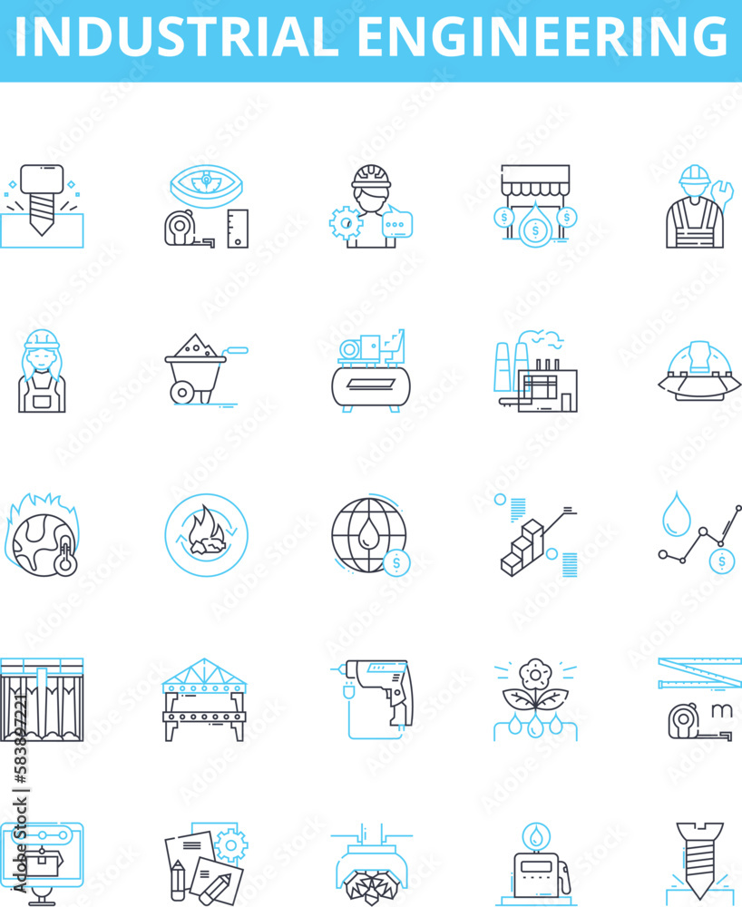 Industrial engineering vector line icons set. Industrial, Engineering, Manufacturing, Process, Optimization, Automation, Ergonomics illustration outline concept symbols and signs