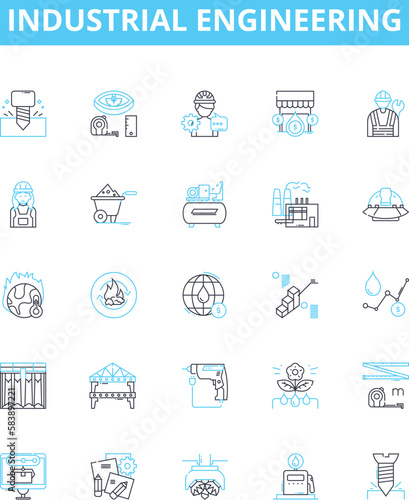 Industrial engineering vector line icons set. Industrial, Engineering, Manufacturing, Process, Optimization, Automation, Ergonomics illustration outline concept symbols and signs