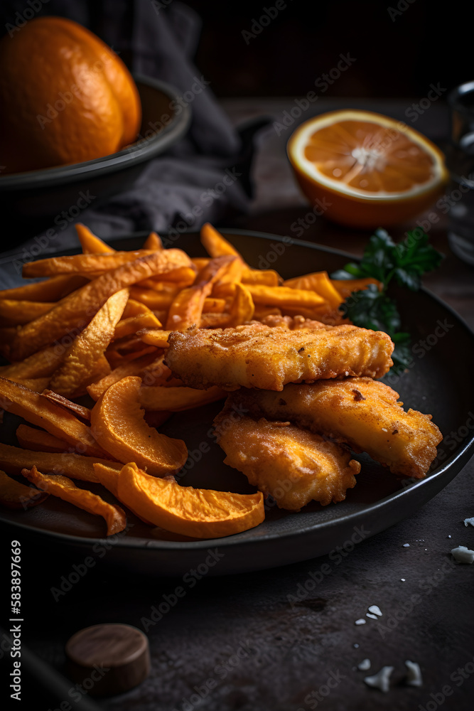Fried pieces of cod loin, served with sweet potato fries. (ai generative) Fried pieces of cod loin, served with sweet potato fries. (ai generative)
