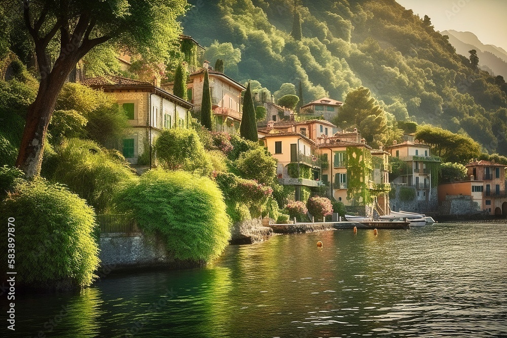 Lake Como's Crystal-Clear Waters, Lush Greenery, Charming Villas, Quaint Towns, Generative AI