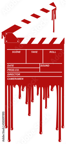 Silhouette of the Bloody Clapperboard Sign for Film or Movie Icon Symbol with Genre Horror, Thriller, Gore, Sadistic, Splatter, Slasher, Mystery, Scary or Halloween Poster Movie. Format PNG photo