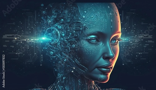 Neural network of big data and artificial intelligence circuit board in the head and face of a blue human outlining concepts of a digital brain, computer Generative AI stock illustration image