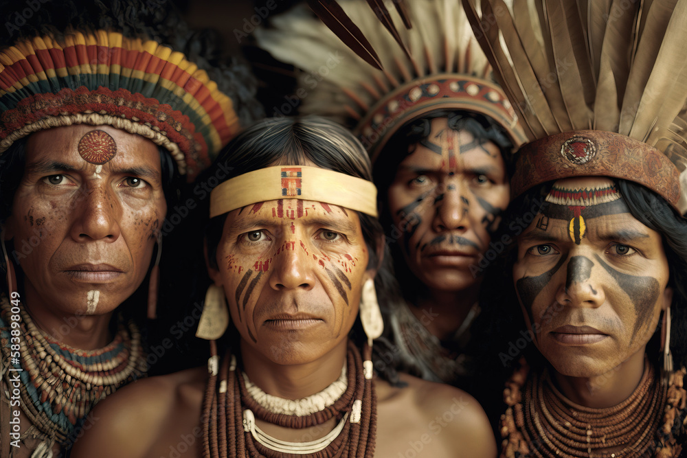 Group portrait of indigenous people from the Amazon with ritual paintings on their face and headdresses looking at the camera. Generative ai