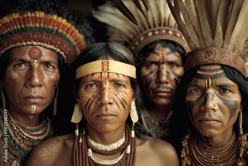 Group portrait of indigenous people from the Amazon with ritual paintings on their face and headdresses looking at the camera. Generative ai © artem