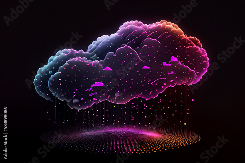 illustration of neon color cloud with rain on dark background. AI