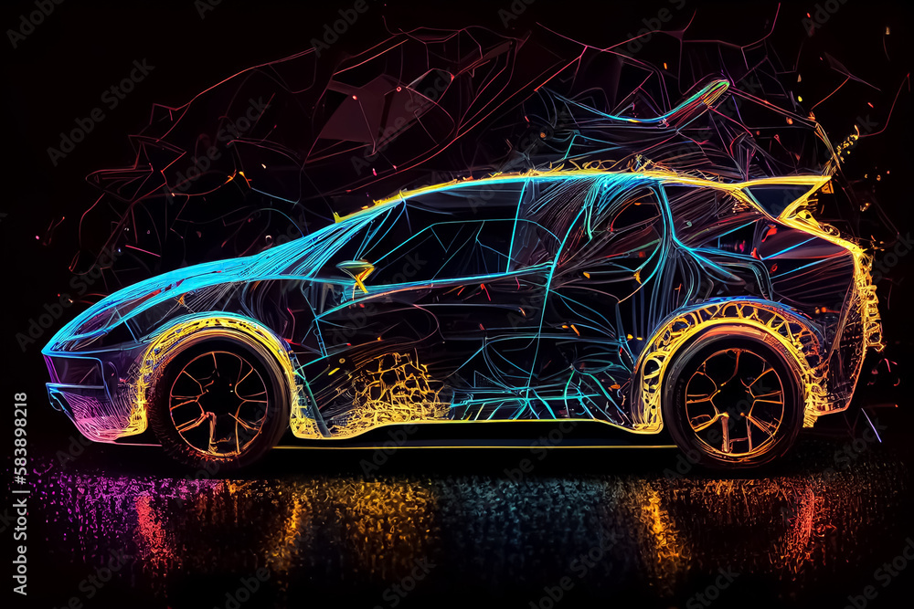 illustration of modern eco car in neon colors on black background. AI
