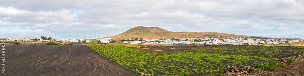 Wide angle panorama view over the village of Teguise on Lanzarote