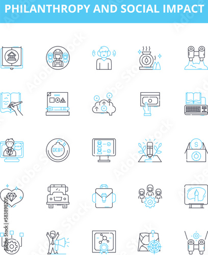Philanthropy and social impact vector line icons set. Philanthropy, Social, Impact, Giving, Charity, Humanitarian, Betterment illustration outline concept symbols and signs