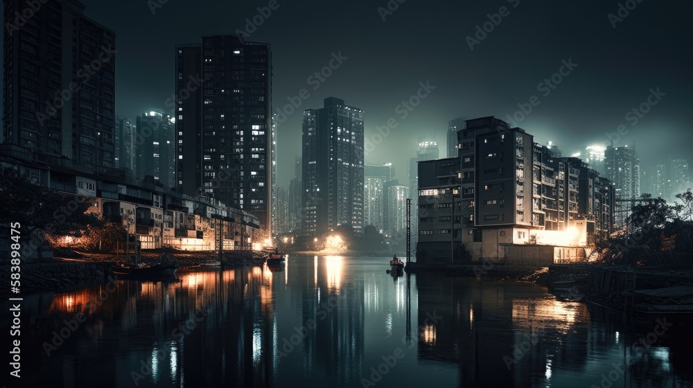 Long exposure photography city at night civilization with reflection in the water Generative AI Illustration