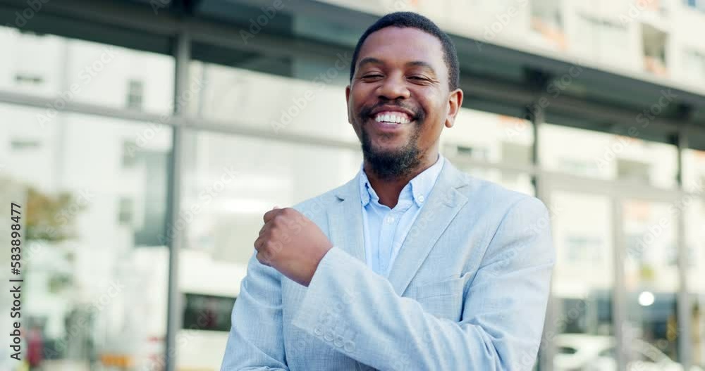 Black man, business and face, smile outdoor and professional mindset with confidence in city. Happy male, office building and success, corporate boss and businessman, career satisfaction in portrait Black man, business and face, smile outdoor and professional mindset with confidence in city. Happy male, office building and success, corporate boss and businessman, career satisfaction in portrait