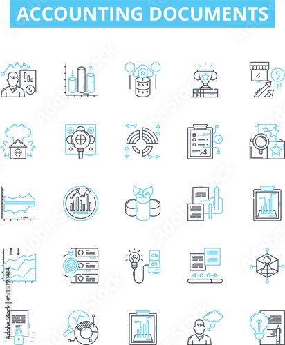 Accounting documents vector line icons set. Accounts, Vouchers, Ledgers, Journals, Invoices, Receipts, Payables illustration outline concept symbols and signs
