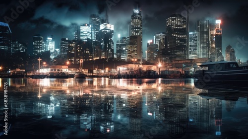 Long exposure photography city at night civilization with reflection in the water Generative AI Illustration