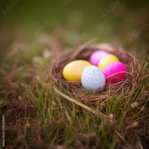 a nest filled with eggs sitting on top of a grass field.
