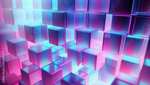 Seamless frosted etched glass 80s holographic purple aesthetic stacked isometric cube wall background texture. Abstract shiny pink and blue neon blur geometric squares surreal pattern. Generative ai