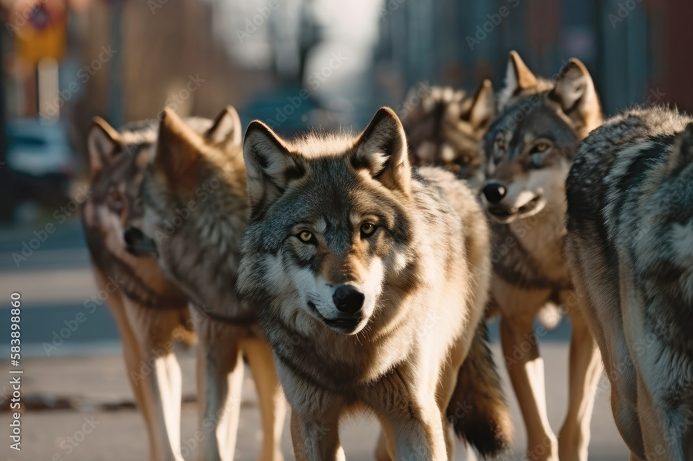 Fototapeta premium A pack of wolves in the city. Generative AI