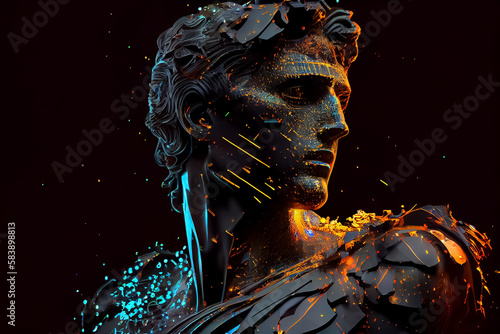 illustration of antique statue with neon lights on dark background. AI