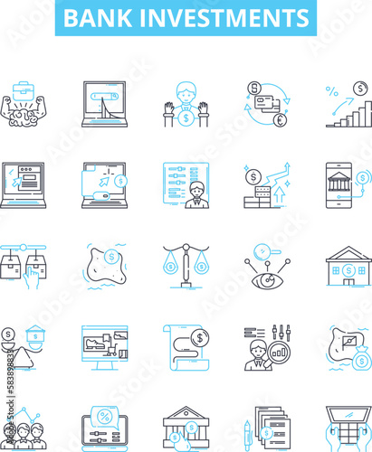 Bank investments vector line icons set. Savings, Stocks, Bonds, Mutual Funds, Funds, Assets, Mortgage illustration outline concept symbols and signs
