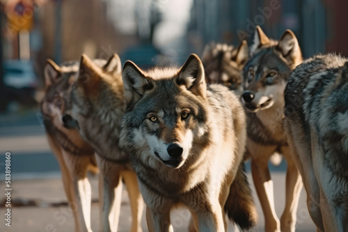 A pack of wolves in the city. Generative AI