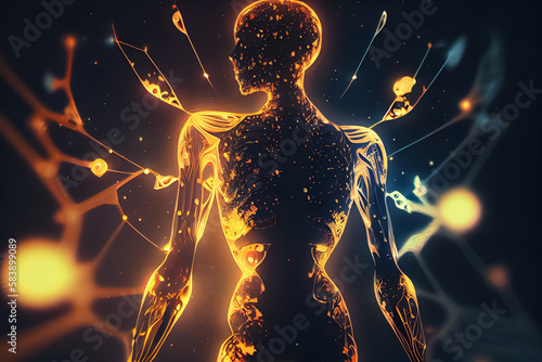 illustration of human body permeated with bright threads of luminescence . ai
