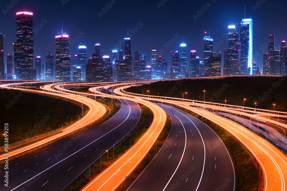 Fototapeta premium futuristic modern future city with highway road at night, generative art by A.I.