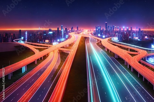 futuristic modern future city with highway road at night, generative art by A.I. © Flash