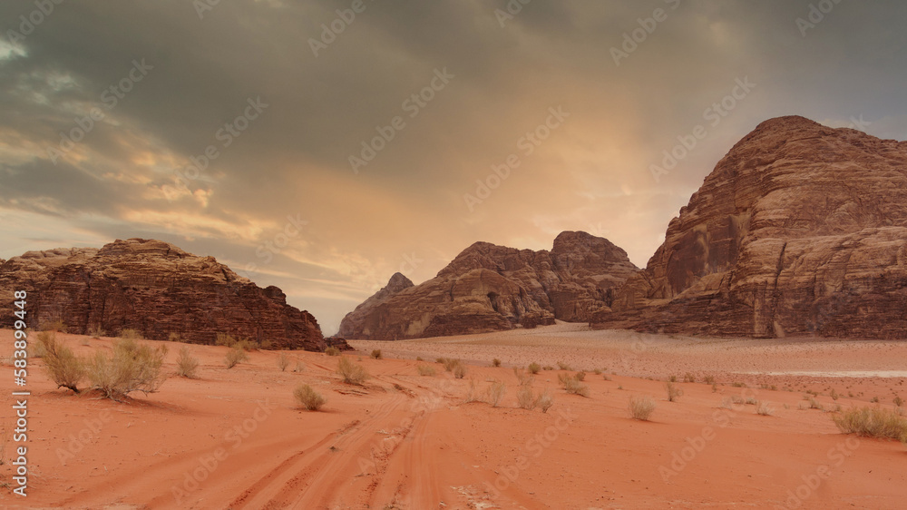 Majestic view of the Wadi Rum desert, Jordan, The Valley of the Moon. Majestic view of the Wadi Rum desert, Jordan, The Valley of the Moon.