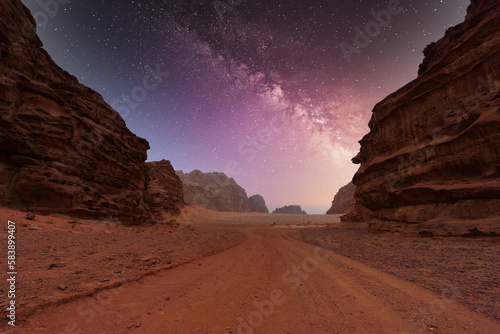 Wadi Rum desert, Jordan, The Valley of the Moon. Orange sand, Milky Way sky.