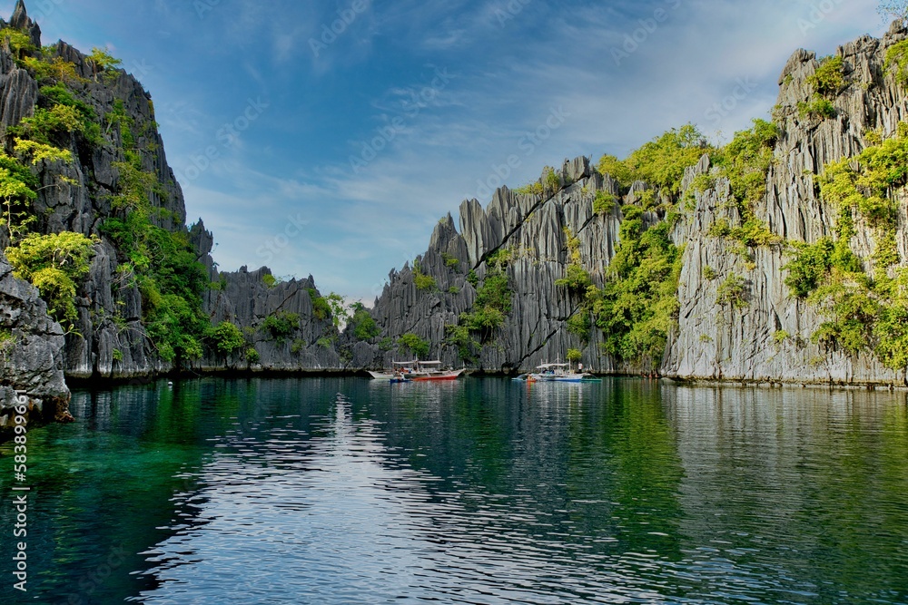 A bay with majestic rocks in Coron, Palawan in the Philippines that are overgrown with shrubs and rise out of the water. A bay with majestic rocks in Coron, Palawan in the Philippines that are overgrown with shrubs and rise out of the water.