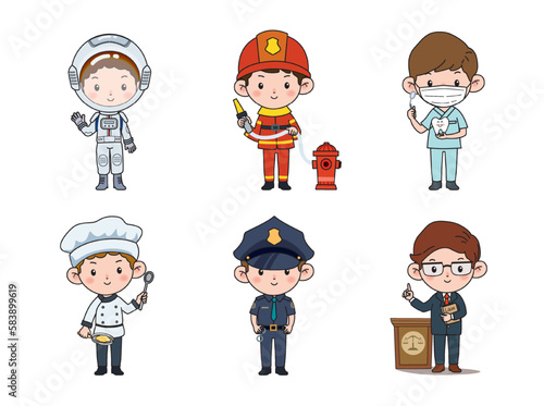 Kids professions. Cartoon cute children dressed in different occupation uniform. Vector characters with jobs different occupation.