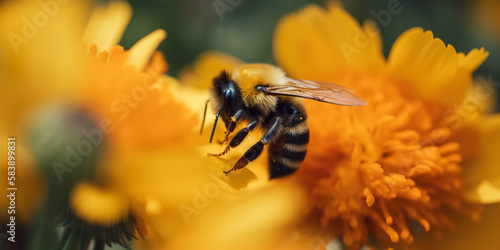 Detailed macro image of a bumblbee collecting nectar from a blossom generative ai. Bumblee on a flower © Aquir