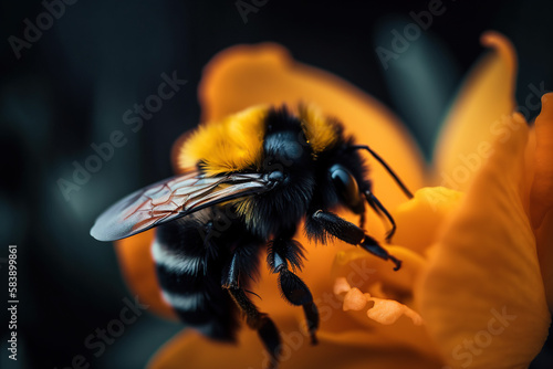 Detailed macro image of a bumblbee collecting nectar from a blossom generative ai. Bumblee on a flower photo