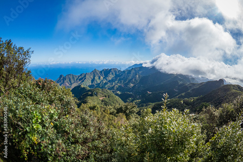 Aerial view of the national park of Anaga in Tenerife Canary Islands - Clouds rolling over beautiful mountain landscape 