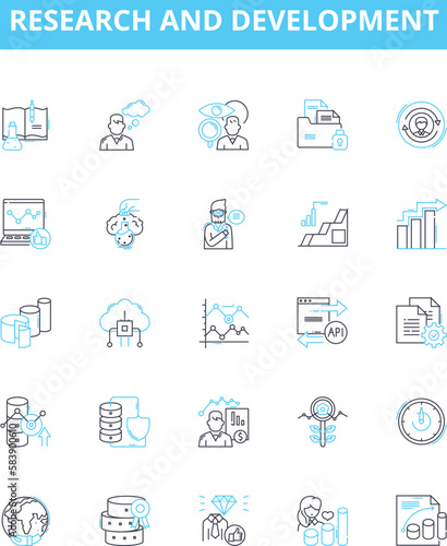 Research and Development vector line icons set. Research, Development, Innovation, Strategy, Analysis, Design, Modeling illustration outline concept symbols and signs