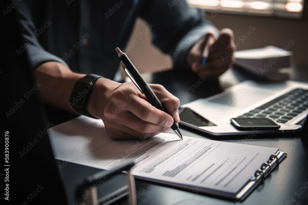 Business person using tablet or hologram analyzing data in futuristic workplace, generative ai Business person using tablet or hologram analyzing data in futuristic workplace, generative ai