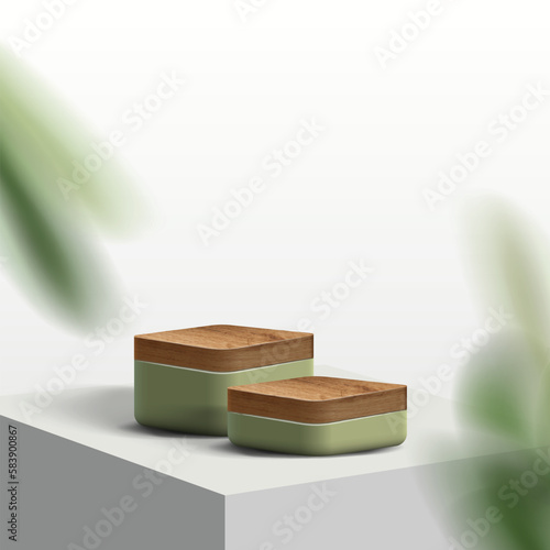 Background for product. Wooden and green product display podium on white background with nature leaves for mock-up cosmetic product. 3D Stage showcase on pedestal display background studio