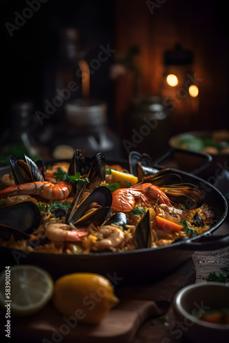 Traditional Spanish paella with seafood and chicken. (Generative ai)