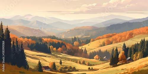 Observing the Borzhava mountains in dappled light from Podobovets village, surrounded by agricultural fields and spruce forest in the rural Carpathian mountains in autumn, Generative AI photo