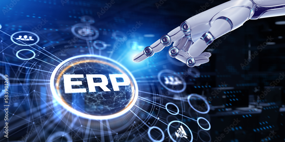 ERP Enterprise resources planning business finance technology concept. 3d render robot pressing button.