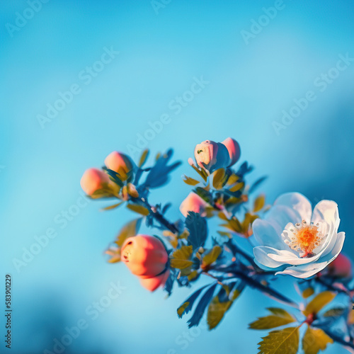 Blooming rose bush. Natural floral spring background. generative ai spring floral wallpaper. Soft selective focus on rose blossoms