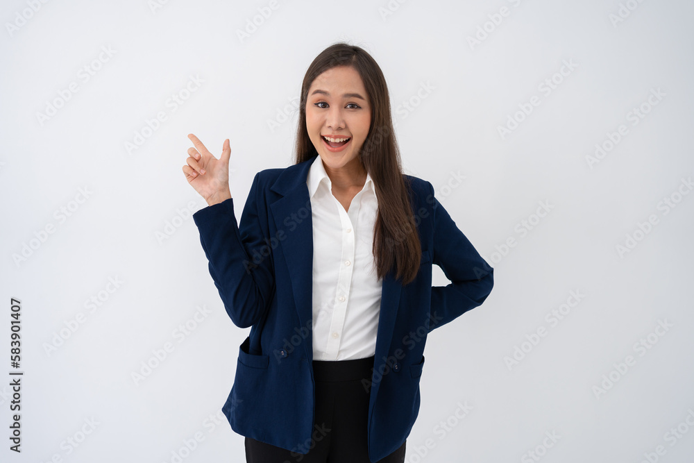 Portrait of smart and happy young thoughtful Asian business women think for new ideas on isolated white background. Concept of advertising marketing and product placement. Portrait of smart and happy young thoughtful Asian business women think for new ideas on isolated white background. Concept of advertising marketing and product placement.