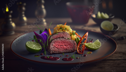 Fotografiet Still life of venison meat, lime, red pepper in a restaurant ,Generative AI