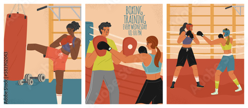 Female boxers fighting and training in a gym. Woman kick boxing sport posters vector set. Black woman kicking bag in boxing club. Girls punch each other. Woman training with a coach