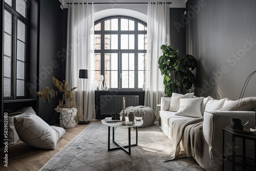 Modern interior design, living room with sofa . Home interior with window, AI Generative © DarkKnight