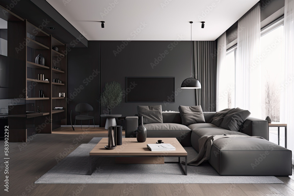 Modern interior design, living room with sofa . Home interior with window, AI Generative Modern interior design, living room with sofa . Home interior with window, AI Generative