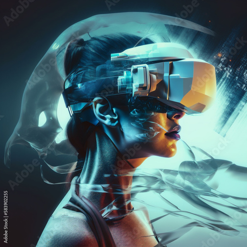 Vr headset, double exposure, metaverse