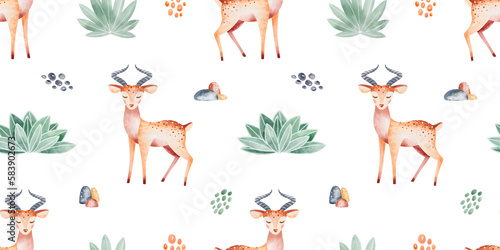 Animals of Africa seamless pattern with tropical leaves. Watercolor seamless pattern. Packaging design, poster, fabrics, digital paper, sublimation. © Elena