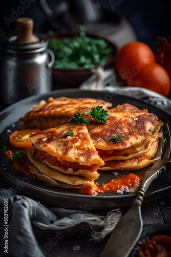 Baked pancakes with chicken in tomato sauce. (generative ai)