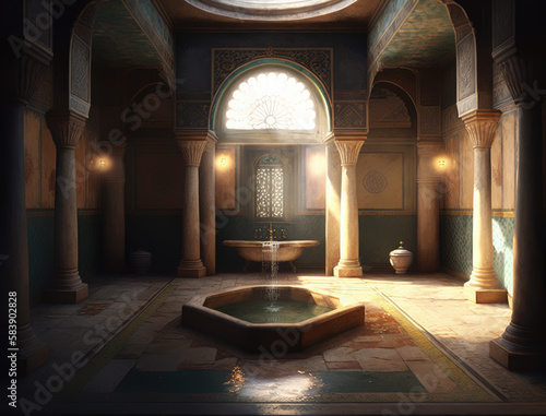 Hammam interior, Turkish bath. Turkish hammam. Ancient interior Oriental bath. Abstract hamam interior in islamic style, hall, lanterns, arches, columns, pool, baths. Generative ai illustration photo