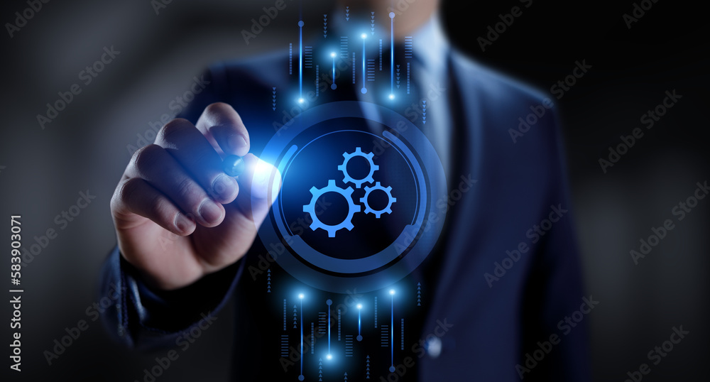 Gears icons business process automation innovation technology concept. Businessman pressing button on screen.